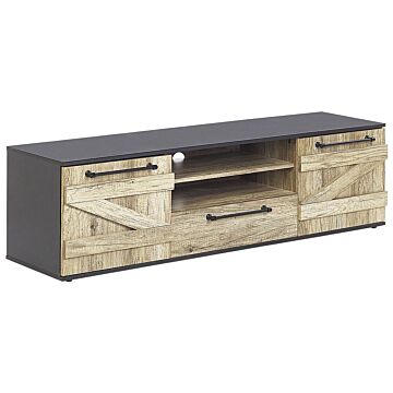 Tv Stand Light Wood And Black Particle Board 43 Cm Barn Style Beliani