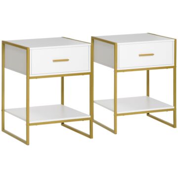 Homcom Modern Bedside Table Set Of 2, Bedside Cabinet With Drawer Shelf, Nightstands For Bedroom, White