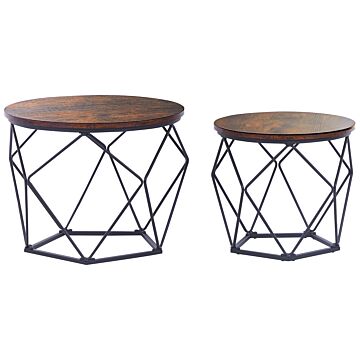 Set Of 2 Coffee Table Dark Wood Black Particle Board Iron Round Removable Tops Modern Industrial End Side Tables For Living Room Beliani