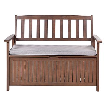 Garden Bench With Storage Dark Solid Acacia Wood Grey Cushion 120 X 60 Cm 2 Seater Outdoor Patio Rustic Traditional Style Beliani