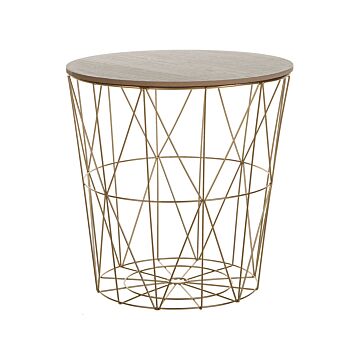 Side Table Light Wood Removable Top Gold Metal Storage Wire Basket Geometric Glam Beliani