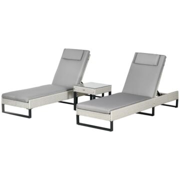 Outsunny 3-piece Pe Rattan Sun Lounger Set With Adjustable 5-position Recliner, Patio Chaise Lounge Chair Set With Cushions, Headrests, Glass Top Square Coffee Table, Light Grey