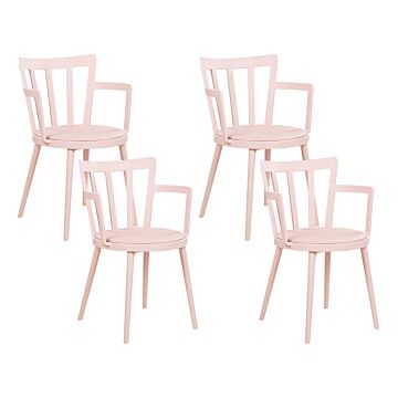 Set Of 4 Dining Chairs Pink Synthetic Padded Seat Faux Leather Open Back With Armrests Modern Minimalist Living Room Beliani