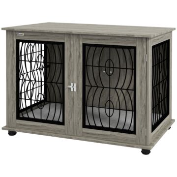Pawhut 37" Indoor Dog Crate Furniture End Table With Soft Washable Cushion, Lockable Front Door, For Large Dogs