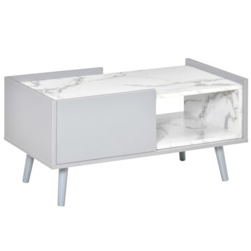 Homcom Two-tone Coffee Table | Duo Storage Side Storage Furniture | Modern Marble Effect W/ Shelf Drawer Table Top Wood Legs Grey - White