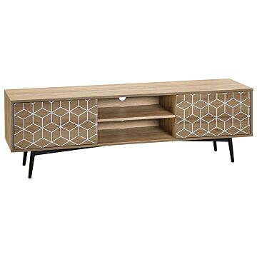 Tv Stand Light Wood Veneer For Up To 60ʺ Tv With 2 Cabinets And Open Shelf Media Unit Beliani