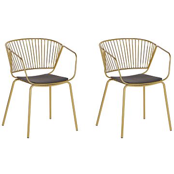 Set Of 2 Dining Chairs Gold Metal Wire Design Faux Leather Black Seat Pad Accent Industrial Glam Style Beliani