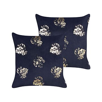Set Of 2 Decorative Cushions Black Velvet Leaf Pattern 45 X 45 Cm Gold Foil Print Decor Accessories Beliani