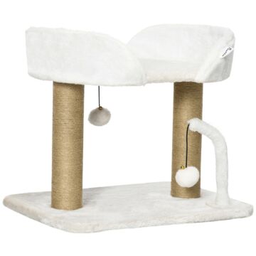 Pawhut 42cm Indoor Cat Tree, With Toy Balls, Jute Scratching Post - White