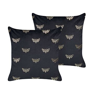 Set Of 2 Scatter Cushions Black Velvet 45 X 45 Cm Throw Pillow Butterfly Pattern Removable Cover With Filling Beliani