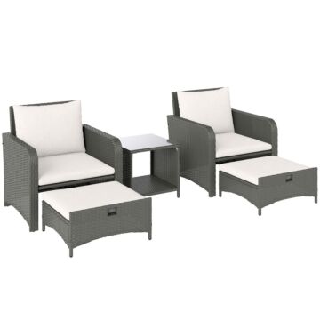 Outsunny Five Piece Rattan Garden Furniture Set With 2-tier Coffee Table And Ottomans - Cream White