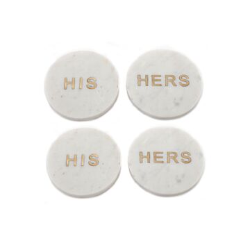 Four 'his' & 'her' White Marble Coasters