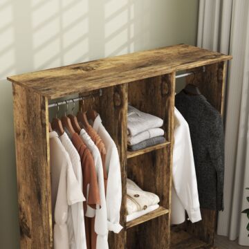 Homcom Open Wardrobe Double Mobile Storage Shelves Organizer W/6 Wheels-rustic Brown