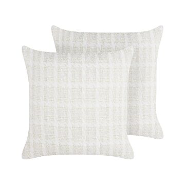Set Of 2 Scatter Cushions Beige Fabric 45 X 45 Cm Checked Pattern Cover Style Textile Beliani