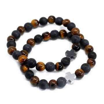 Set Of 2 Gemstones Friendship Bracelets - Power - Tiger Eye & Black Stone