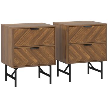 Homcom Bedside Table Set Of 2 With 2 Drawers, Modern Side Tables With Herringbone Pattern And Metal Legs For Bedroom, Living Room, Walnut Brown