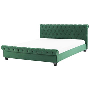Bed Frame Green Velvet Upholstery Black Wooden Legs Super King Size 6ft Buttoned Glam Beliani