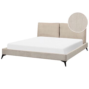 Eu Super King Size Bed Taupe Corduroy Upholstery 6ft Slatted Base With Thick Padded Headboard With Cushions