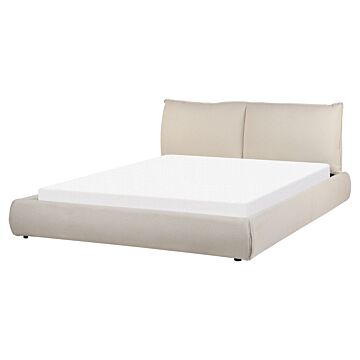 Eu King Size Bed Beige Polyester Fabric Upholstery 5ft3 Slatted Base With Thick Padded Headboard Footboard