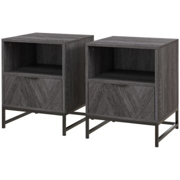 Homcom Bedside Table With Drawer And Shelf, Side End Table With Steel Legs For Living Room, Bedroom, Set Of 2, Dark Grey