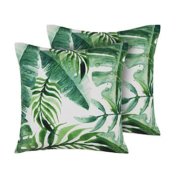 Set Of 2 Garden Cushions Green Leaf Motif Polyester Square 45 X 45 Cm Water Proof Modern Design Beliani