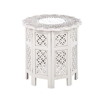 Side Table Off-white With Carved Pattern Mango Wood Living Room Hallway Rustic Oriental Beliani