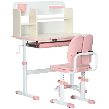 Homcom Kids Desk And Chair Set, Height Adjustable Kids School Desk & Chair Set W/ Shelves, Washable Cover, Anti-slip Mat, For Kids 3-12, Pink