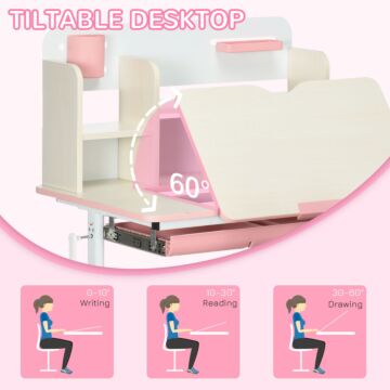 Homcom Kids Desk And Chair Set, Height Adjustable Kids School Desk & Chair Set W/ Shelves, Washable Cover, Anti-slip Mat, For Kids 3-12, Pink