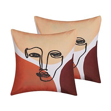 Set Of 2 Throw Cushions Multicolour Face Motif 45 X 45 Cm Decorative Pillow Home Accessory Beliani