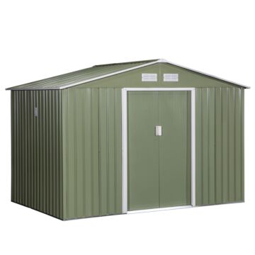 Outsunny 9 X 6 Ft Metal Garden Storage Shed Corrugated Steel Roofed Tool Box With Foundation Ventilation And Doors, Light Green
