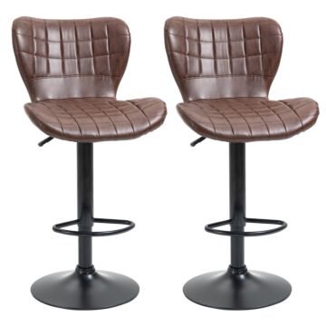 Homcom Bar Stools Set Of 2 Adjustable Height Swivel Bar Chairs In Pu Leather With Backrest & Footrest, Brown