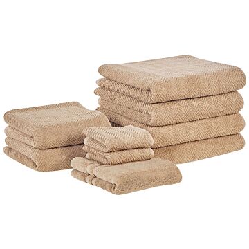 Set Of 9 Towels Beige Terry Cotton Chevron Pattern Texture Bath Towels Guest Towels Hand Towels Bath Mat Beliani