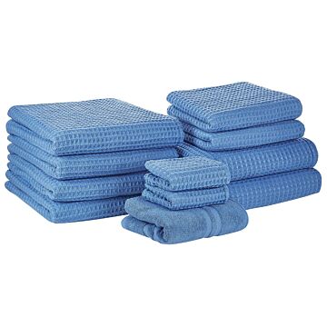 Set Of 11 Towels Blue Cotton Low Twist Guest Hand Bath Towel Bath Sheet And Bath Mat Beliani