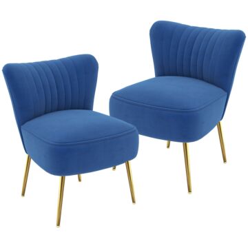 Homcom Set Of 2 Accent Chairs, Upholstered Living Room Chairs With Gold Tone Steel Legs, Wingback Armless Chairs, Dark Blue