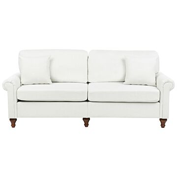 3 Seater Sofa White Fabric Upholstery Scrolled Arms Wood Frame Throw Pillows Modern Living Room Beliani