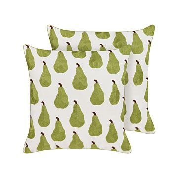 Set Of 2 Decorative Cushions Green White Cotton Polyester 45 X 45 Cm Pear Pattern Fruit Motif Embroidered Decor Accessories Beliani
