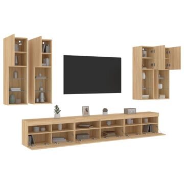 Vidaxl 7 Piece Tv Wall Cabinet Set With Led Lights Sonoma Oak