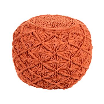Knitted Pouffe Orange Cotton Chunky Crochet Round Braided Footstool Boho Design Living Room Decoration Seating Beliani