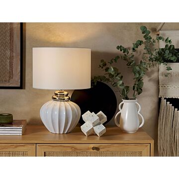 Table Lamp Bedside Light White Ceramic Base Polycotton Drum Round Shade Beliani