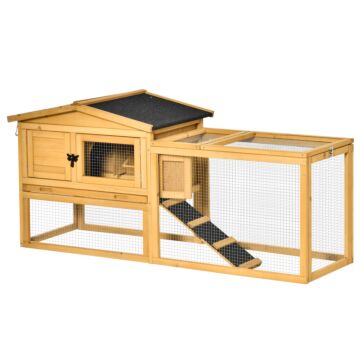 Pawhut 2 Level Wooden Rabbit Bunny Guinea Pig Hutch W/ Outdoor Run Water Resistant Roof Pull Out Tray Ramp 150 X 52.5 X 68 Cm, Yellow