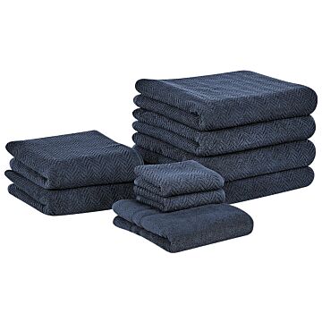 Set Of 9 Towels Dark Blue Terry Cotton Chevron Pattern Texture Bath Towels Guest Towels Hand Towels Bath Mat Beliani