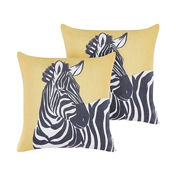 Set Of 2 Decorative Cushions Yellow Animal Print 45 X 45 Cm Zebra Motif Modern Safari Decor Beliani