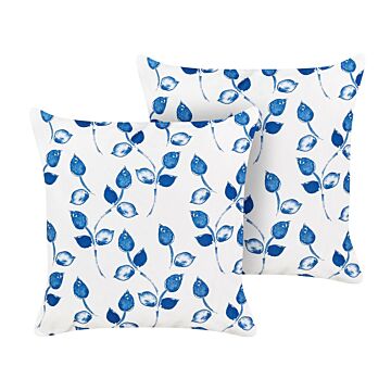 Set Of 2 Garden Cushions White And Blue Polyester 45 X 45 Cm Square Leaf Pattern Motif Modern Design Throw Scatter Pillow Beliani