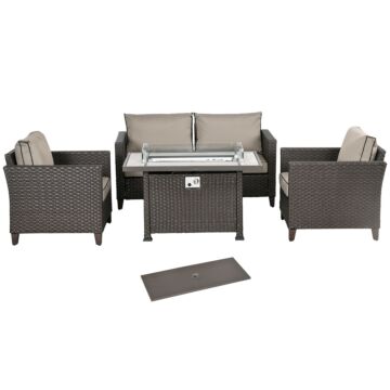 Outsunny 5-piece Rattan Patio Furniture Set With Gas Fire Pit Table, Loveseat Sofa, Armchairs, Cushions, Pillows, Deep Brown