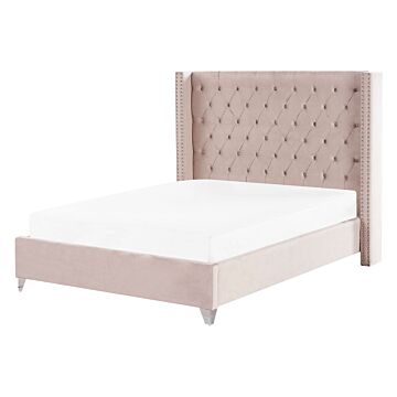 Slatted Bed Frame Pink Velvet 4ft6 Eu Double Size Upholstered Tufted Headrest Nailhead Trim Glam Design Beliani