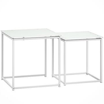 Homcom Nest Of Tables, Set Of 2 Coffee Table, Side Tables With Tempered Glass Desktop And Metal Frame For Living Room, Bedroom, Office, White