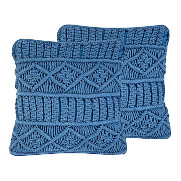 Decorative Cushions Set Of 2 Blue Cotton Macramé 45 X 45 Cm Rope Boho Retro Decor Accessories Beliani