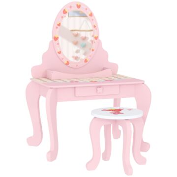 Aiyaplay Kids Dressing Table Set, Vanity Table With Stool, Mirror, Drawer, Desktop Storage, Strawberry Theme, Pink