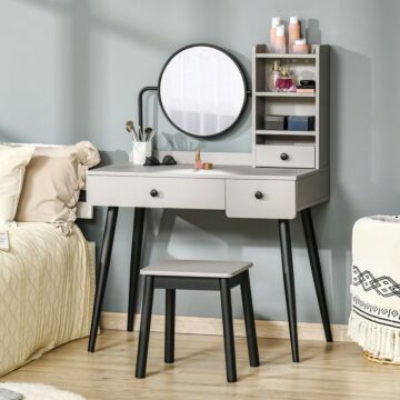 Homcom Dressing Table Set With Mirror And Stool, Vanity Makeup Table With 3 Drawers And Open Shelves, Grey