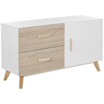 Sideboard White And Light Wood Mdf 2 Drawers Shelves Cabinet Wooden Legs Storage Living Room Beliani